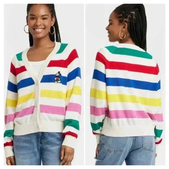 NWT Unisex Disney 100 Striped Mickey Graphic Button Up Cardigan - Picture 1 of 9